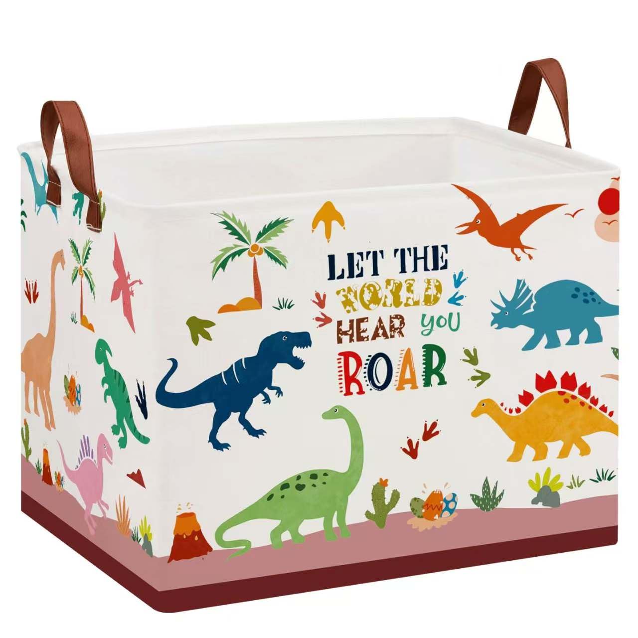 XHWZOF Dinosaur Nursery Decor Mother Day Basket 36L Volcano Leaf Cactus Kid Storage Bin Baby Gift Basket Rectangular Collapsible Clothes Book Toy Bin for Boy,Pink