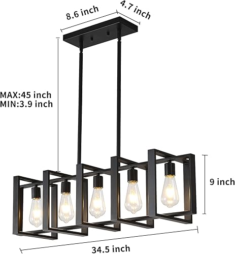 Miniatura 6 de HQZBPT Candelabros de isla de cocina de 34.5 pulgadas para comedores, iluminación colgante, color negro mate, 5 luces colgantes de granja para isla