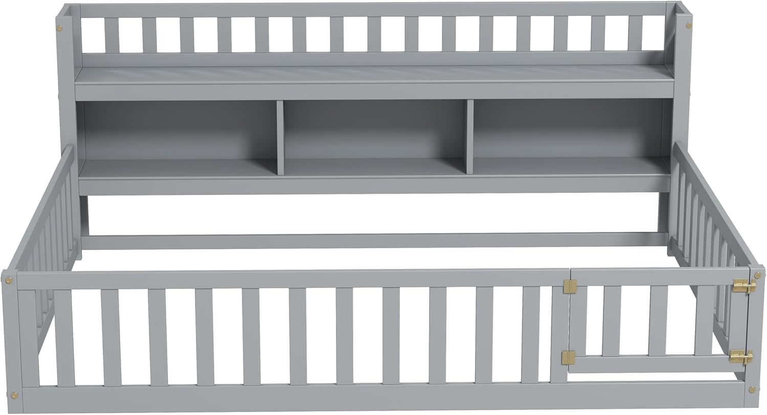 Aoowow Twin Size Montessori Floor Bed, Kids Twin Bed Frame with Bedside Bookcase and Doors, Wood Floor Playhouse with Guardrail for Boys Girls, Grey