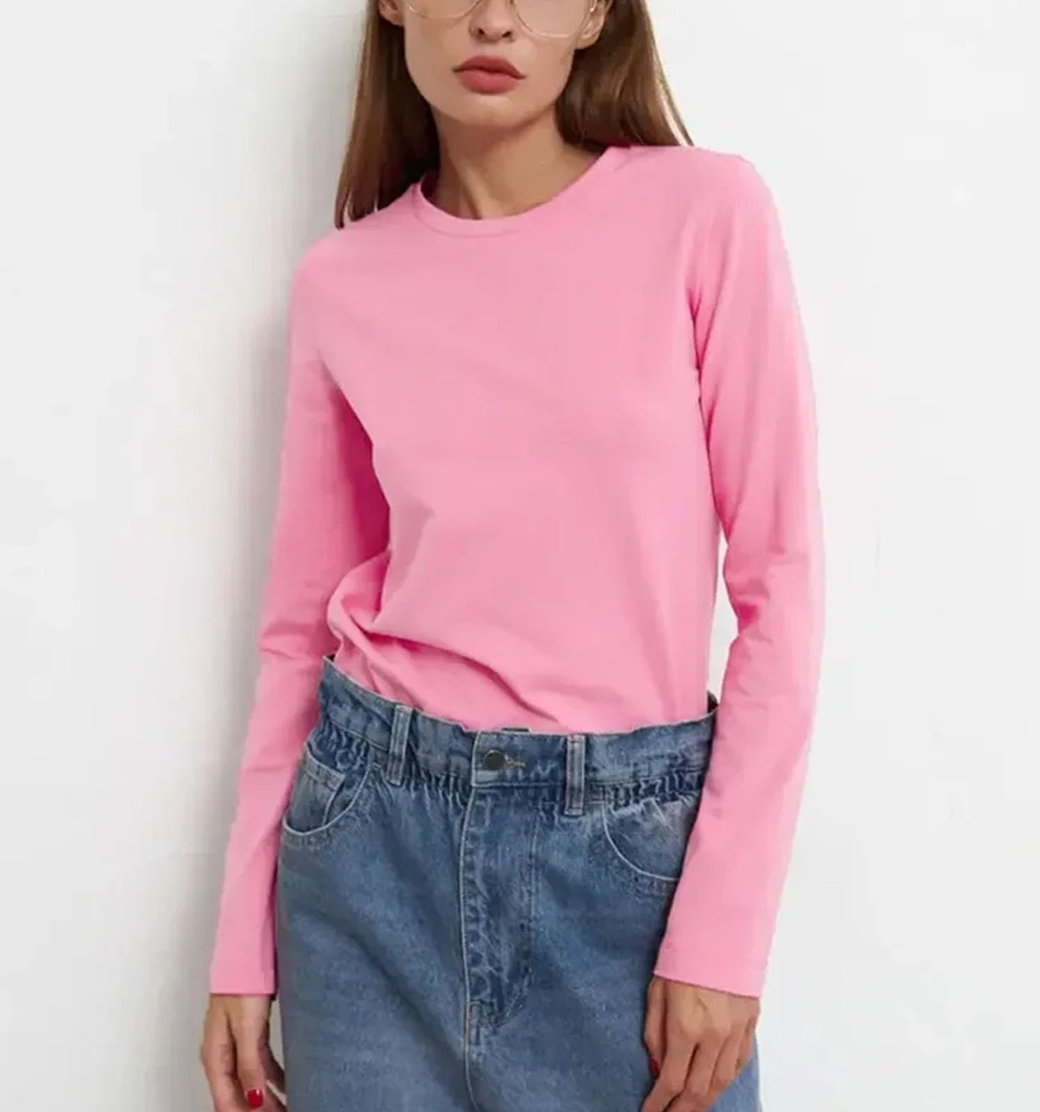 Camiseta de algodón para mujer, básica, color liso, manga larga, holgada, talla L