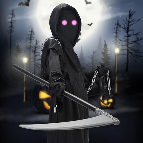 Miniatura 4 de SenQWFa Disfraz de Halloween para niños, disfraz de Halloween de la parca con ojos rojos brillantes, guadaña y cadena