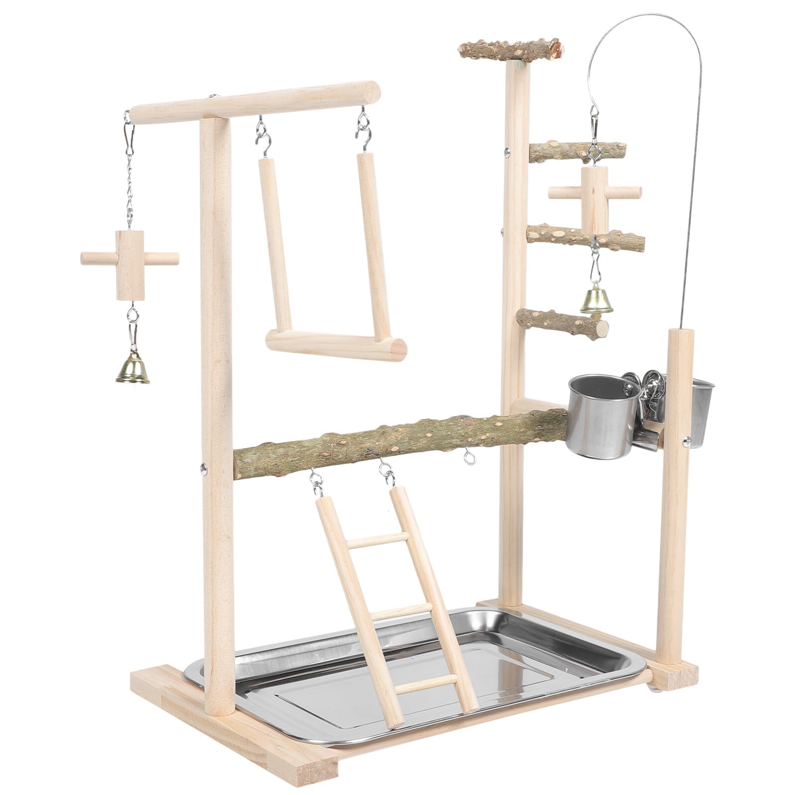 VILLCASE Natürliches Papageien spielstand aus Massivem Holz mit Polierter Sitzstange Futterbecher und Kletterleiter Interaktives Vogelspielzeug für Wellensittiche Nymphensittiche und
