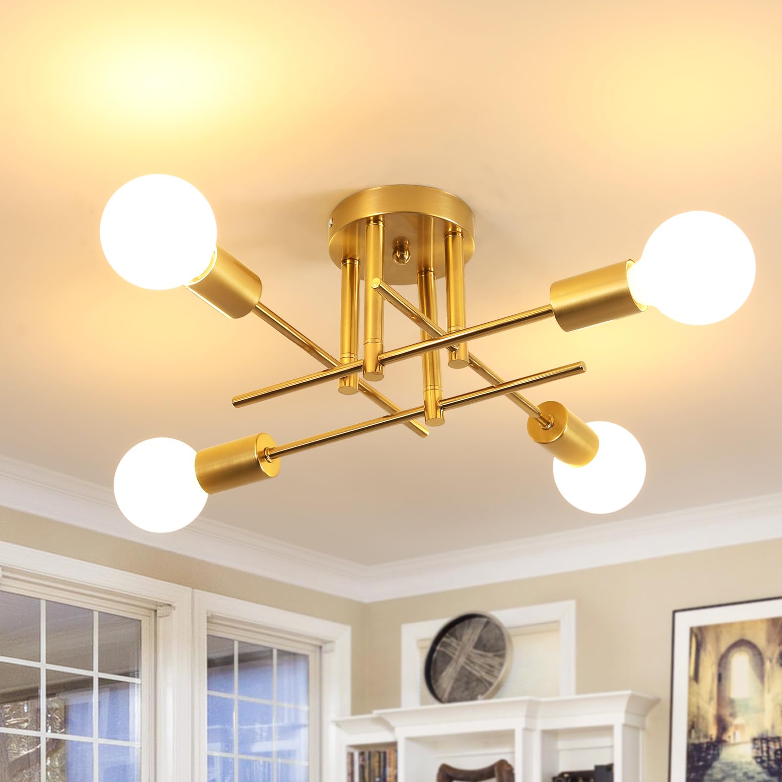 Comely Deckenlampe Vintage 4-Flammig, Industrielle Deckenleucht Gold mit E27-Fassung, Kronleuchter Retro für Wohnzimmer Schlafzimmer Esszimmer Flur