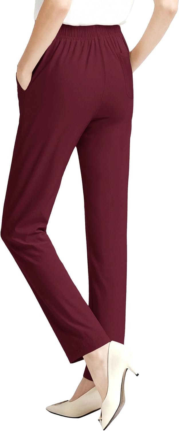 Soojun レディース 夏用 ゴムウエスト 快適ストレッチ プルオンパンツ US サイズ: Large カラー: レッド