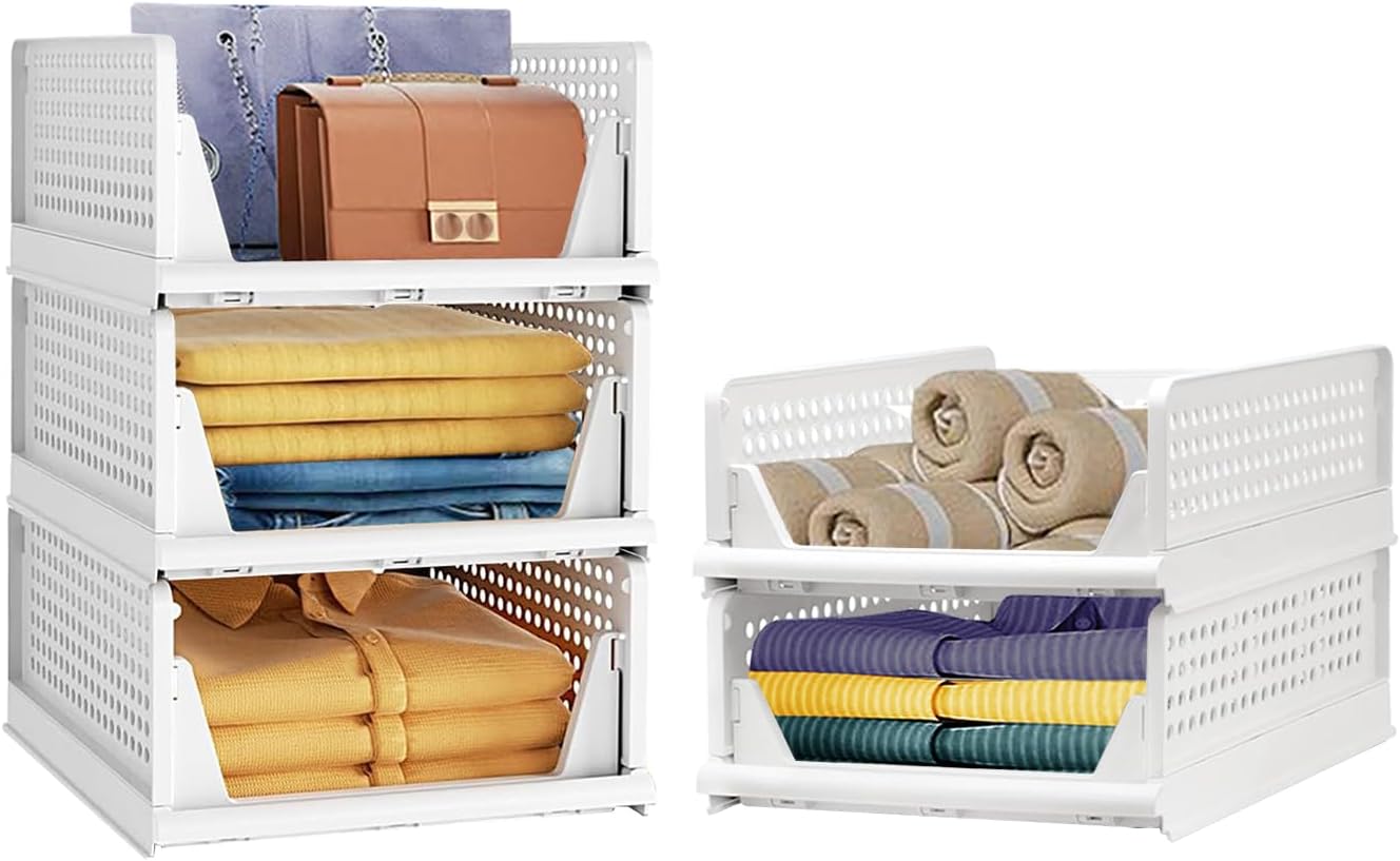 Wardrobe Closet Organizers (3 Large + 2 Small) for Clothes | Foldable Stackable Multipurpose Storage Baskets | Cupboard Almirah Space Organizer with Adjustable Sliding Drawer Design