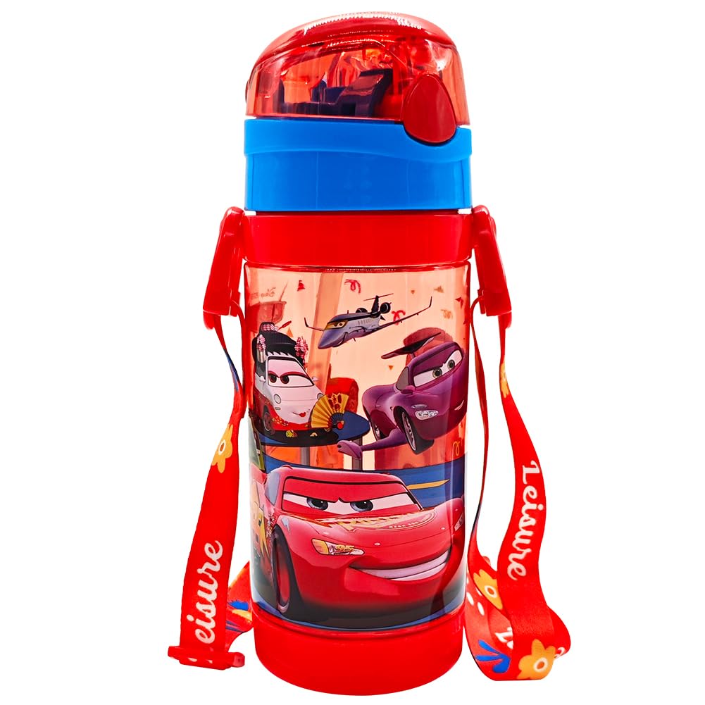 FCXVXCL Mccqueen Car Kids Water Bottles, Plastic Bottle with Straw Drinks Bottle Leakproof Sports Bottles with Shoulder Strap Reusable Cartoon Water Bottle for School Travel Sports Outdoor (500ml)