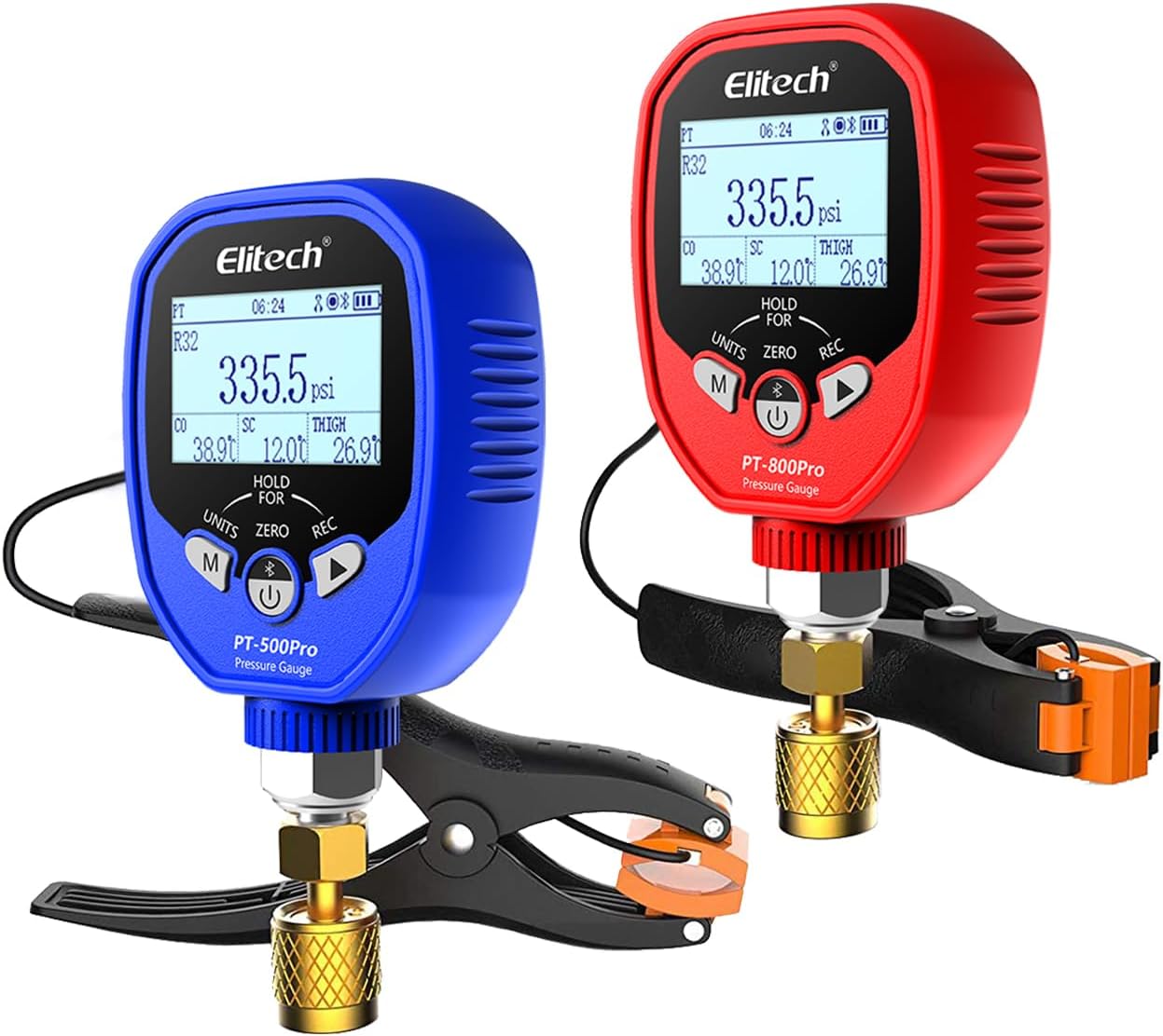 Elitech PT-500/800Pro Wireless Digital Manifold Gauge Set, 2-Valve HVAC Pressure Gauges with 2 Temp Clips for Auto Superheat & Subcooling, Data Logging, R454B R410A Ready, 1/8" NPT w/Case