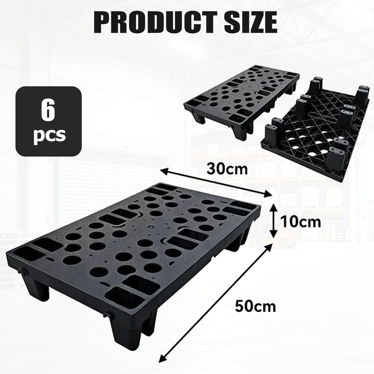 Bancali Neri in Plastica 50x30x10 cm, 6 Pezzi Incastro | Pedana per Stoccaggio Impermeabile, Pallet in Plastica per Magazzino, Supermercato, Garage, Cucina e Negozio