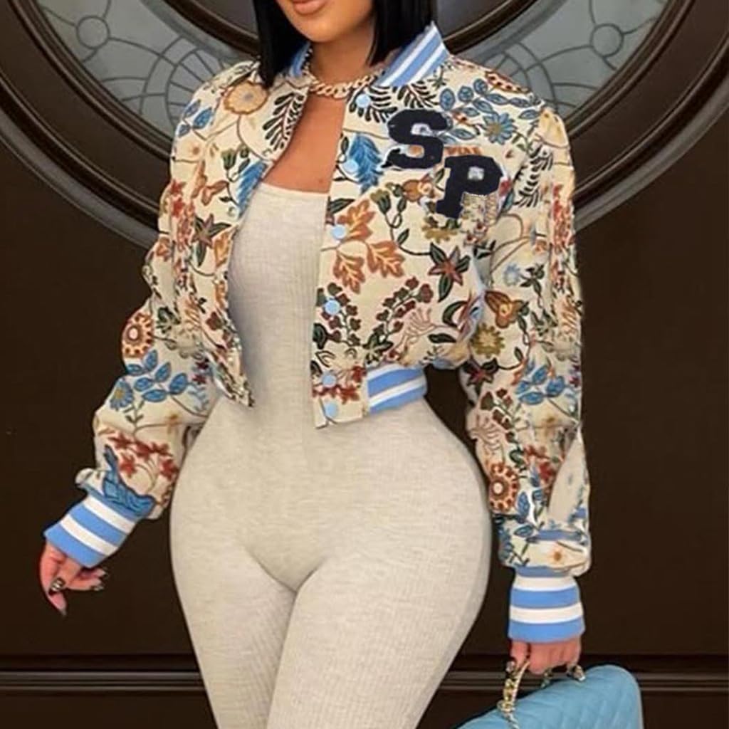 Varsity Jacket Women Cropped Jacquard Long Sleeve Button Down Cropped Floral Jackets for Women 2025 - Image 4