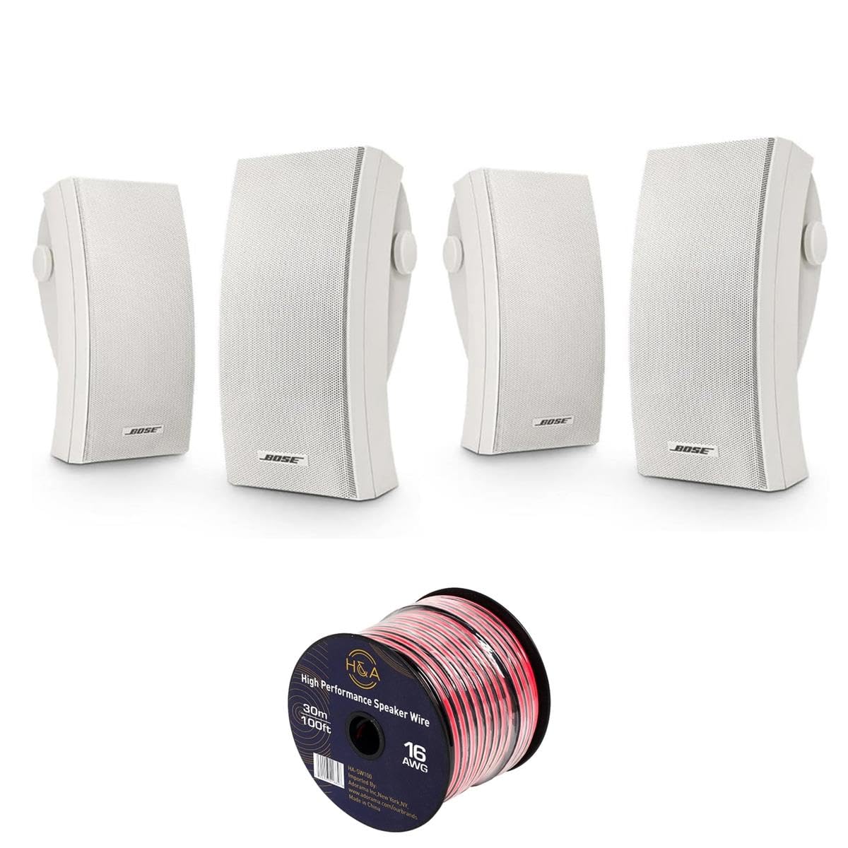 2 Pack 251 Outdoor Environmental Speakers (Pair), White with H&A 16 AWG Speaker Wire 100
