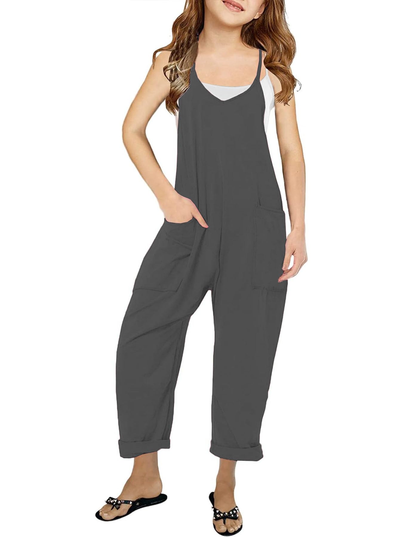 BnycumlGirl's V Neck Sleeveless Jumpsuits Spaghetti Straps Harem Long Pants Rompers With Pockets