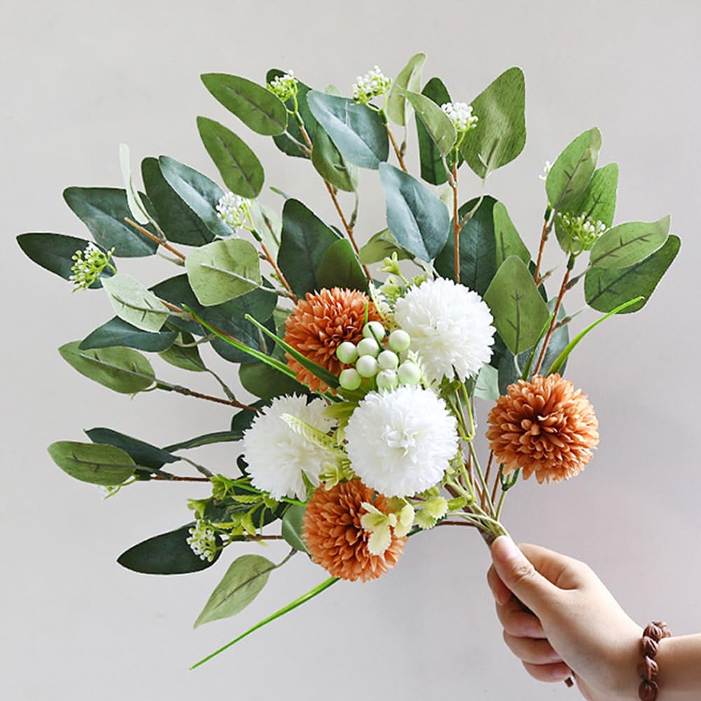 Artificial Flowers Set Hydrangea Eucalyptus Leaf Faux Plant Bulk Flower Leaf with Stems for DIY Centerpieces Wedding Party Home Decorations (Orange Green White)