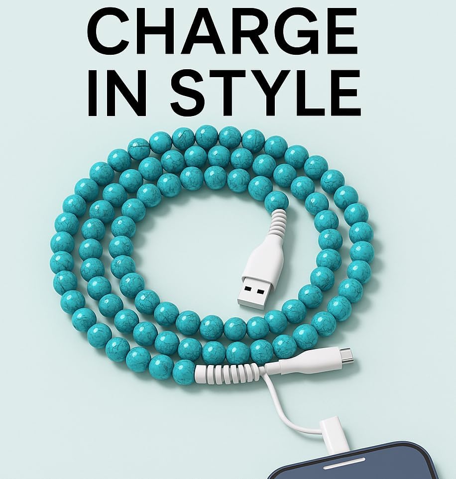 Image of Stylish Beaded Phone Charger Cable Colors USB Charging Cord for Smartphones (2-1 to USB A, Turquoise, 3.3ft)