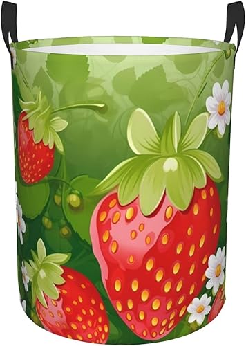 Strawberry and flower print Circular Hamper Waterproof Storage Bin Organizer Basket Laundry Hamper With Handles For Clothes Toys Medium
