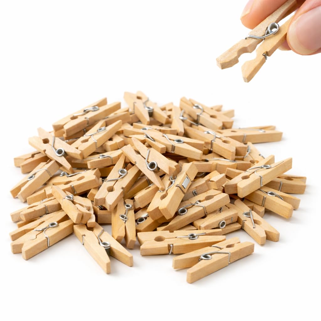 100 Stück Mini Wäscheklammern - Nachhaltiges Holz - Miniklammern - Kleine Holzklammern 25 mm - Clips für Fotohalter & Basteln