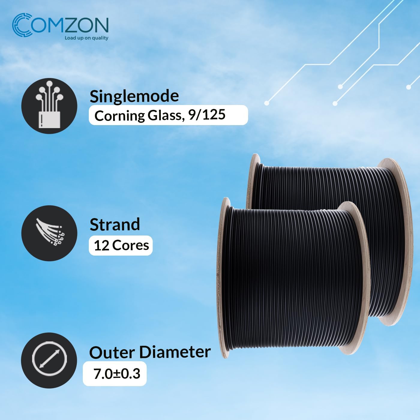 COMZON 500ft Armored Plenum 12-Strand OS2 9/125 Singlemode Indoor/Outdoor Fiber Optic Cable, Corning Fiber, Black