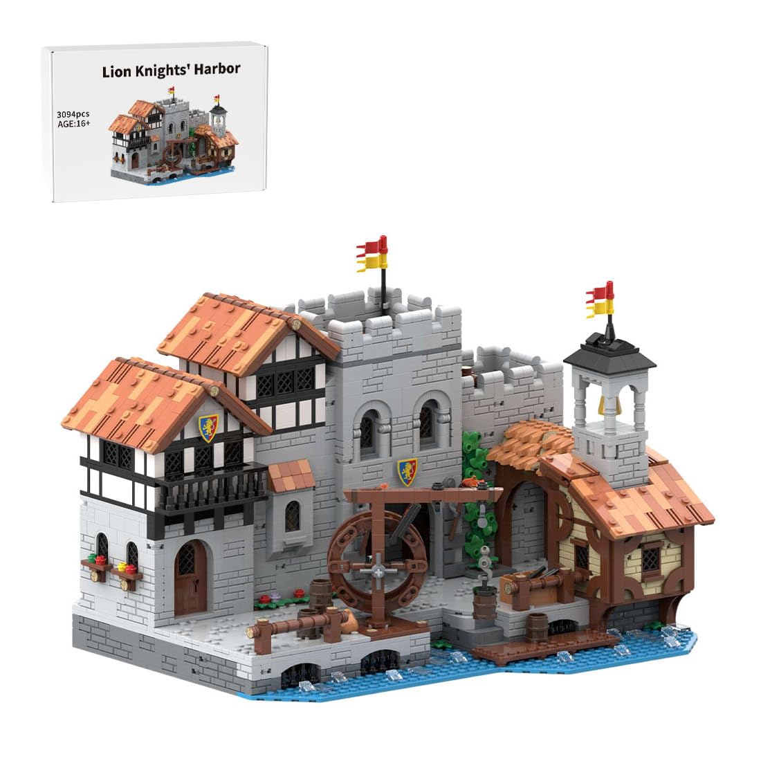 Mittelalterliche Löwenritter-Hafen Klemmbausteine 3094 Stück Ritterburg Gebäude Groß MOC Set für Erwachsene, MOC-164496