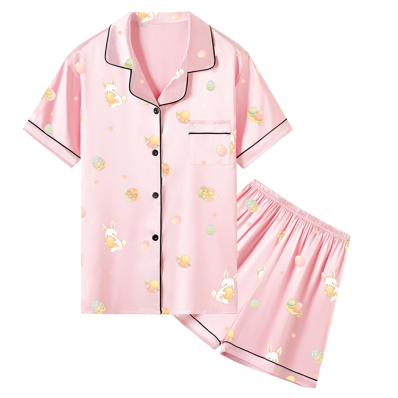 Umeyda Women & Girls Pajamas Set, Soft Satin Lightweight Silk Button-Down Top with Shorts 2 Piece PJS for Mom Boys Kids Gifts