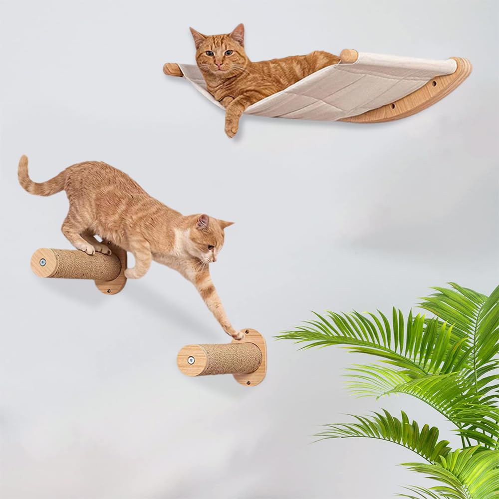 Hamac pour Chat Mural Grande Étagère pour Chat avec 2 Pilier d'escalade pour Chat, Fenetre Pliable Lit pour Chat, Capacité de Charge 18kg