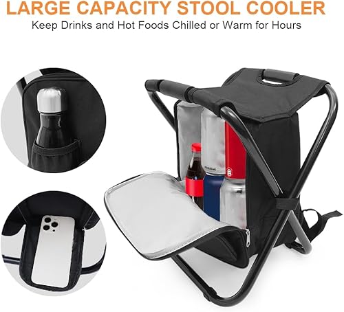 Miniatura 4 de Taburete plegable portátil para acampar, mochila con bolsa refrigeradora, asiento de senderismo, pesca al aire libre, regalos de caza, negro
