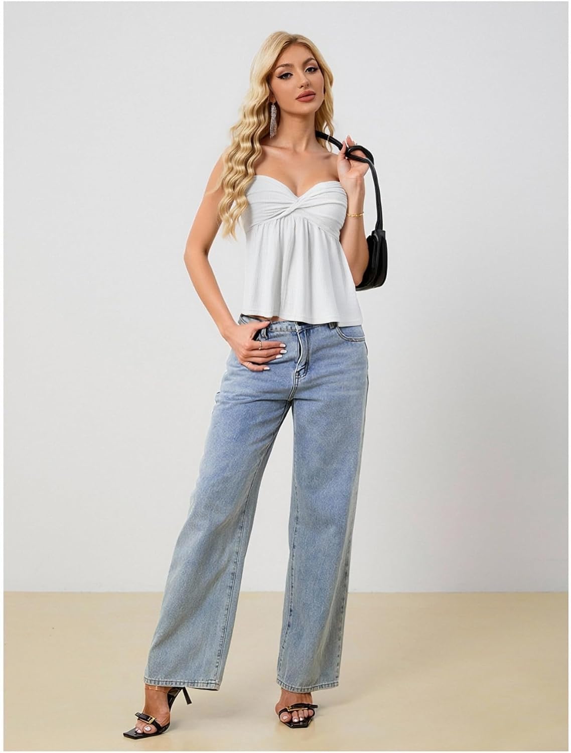 Milumia Women Textured Tube Tops Strapless Twist Front Flared Hem Crop Tee Shirts - Image 4