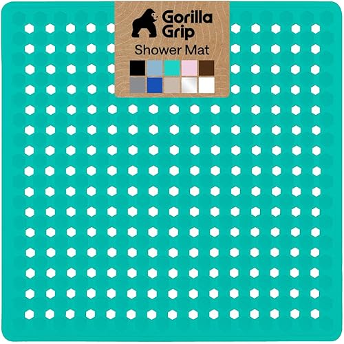 GORILLA GRIP Patented Square Shower Stall Mat, Small Bathtub Floor Mats for Stand Up Showers, Suction Cups and Drain Holes, Machine Wash, Soft on Feet, Bathroom Accessories 21x21 Inch Turquoise Opaque