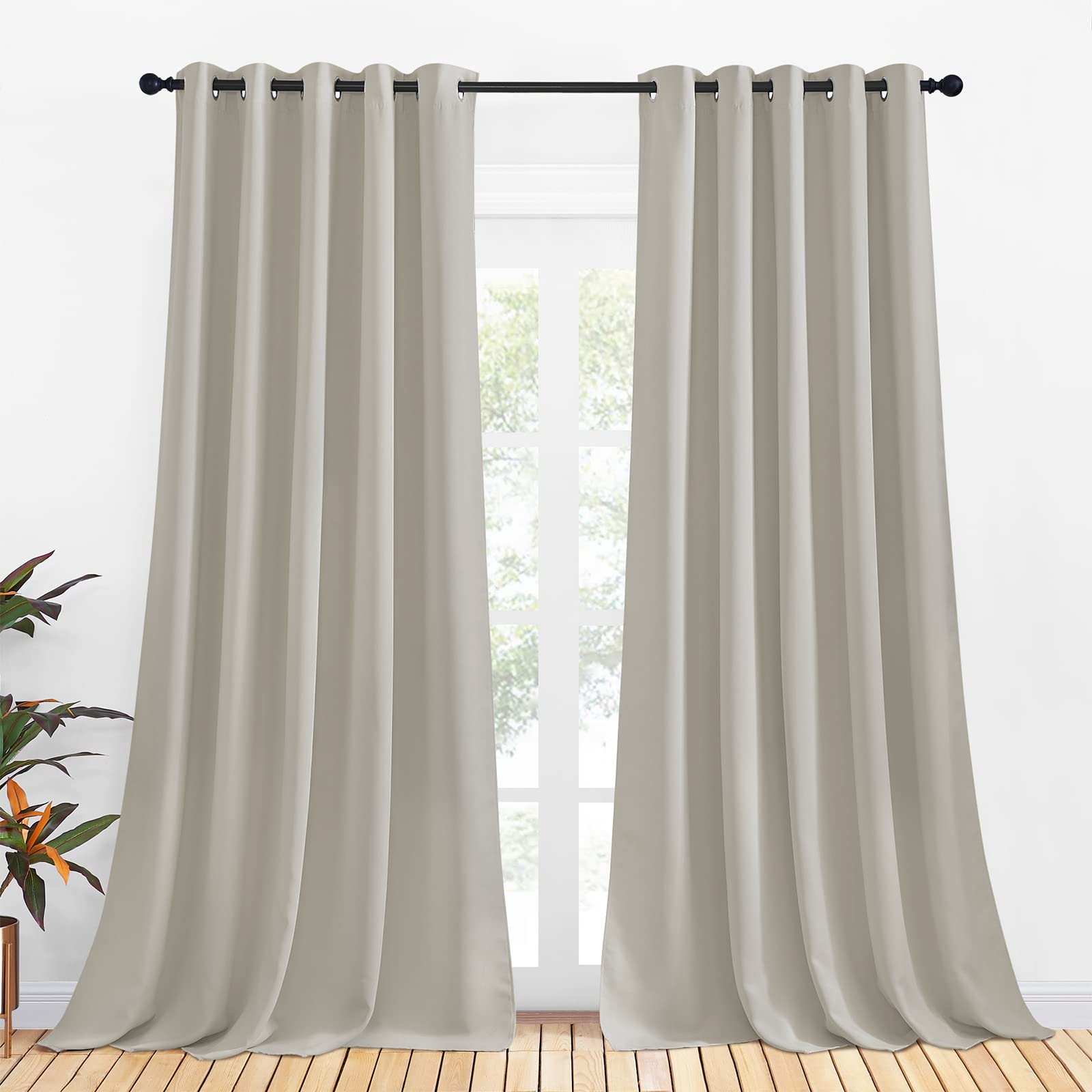 NICETOWN Bedroom Curtains Blackout Drapery Panels, 2 Panels, 70 x 108 inches, Natural, Three Pass Microfiber Thermal Insulated Solid Ring Top Blackout Window Curtains/Drapes