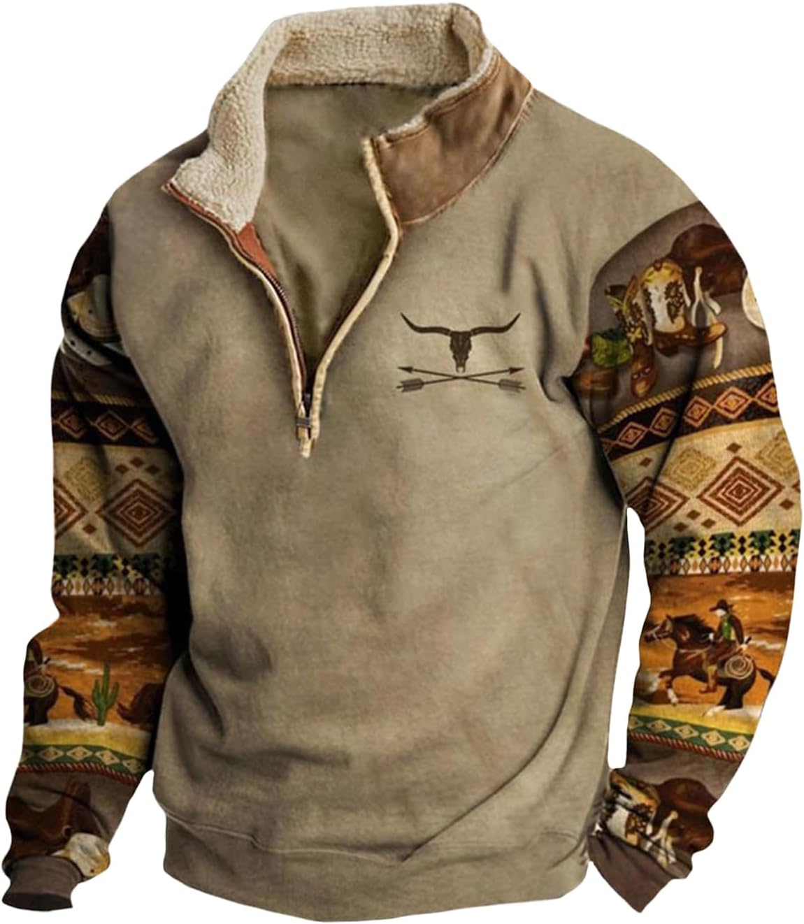 Zhyaj Western Sweatshirts for Men Aztec Ethnic Print Quarter Zip Pullover Fleece Hoodies Casual Stand Collar Sweatshirt