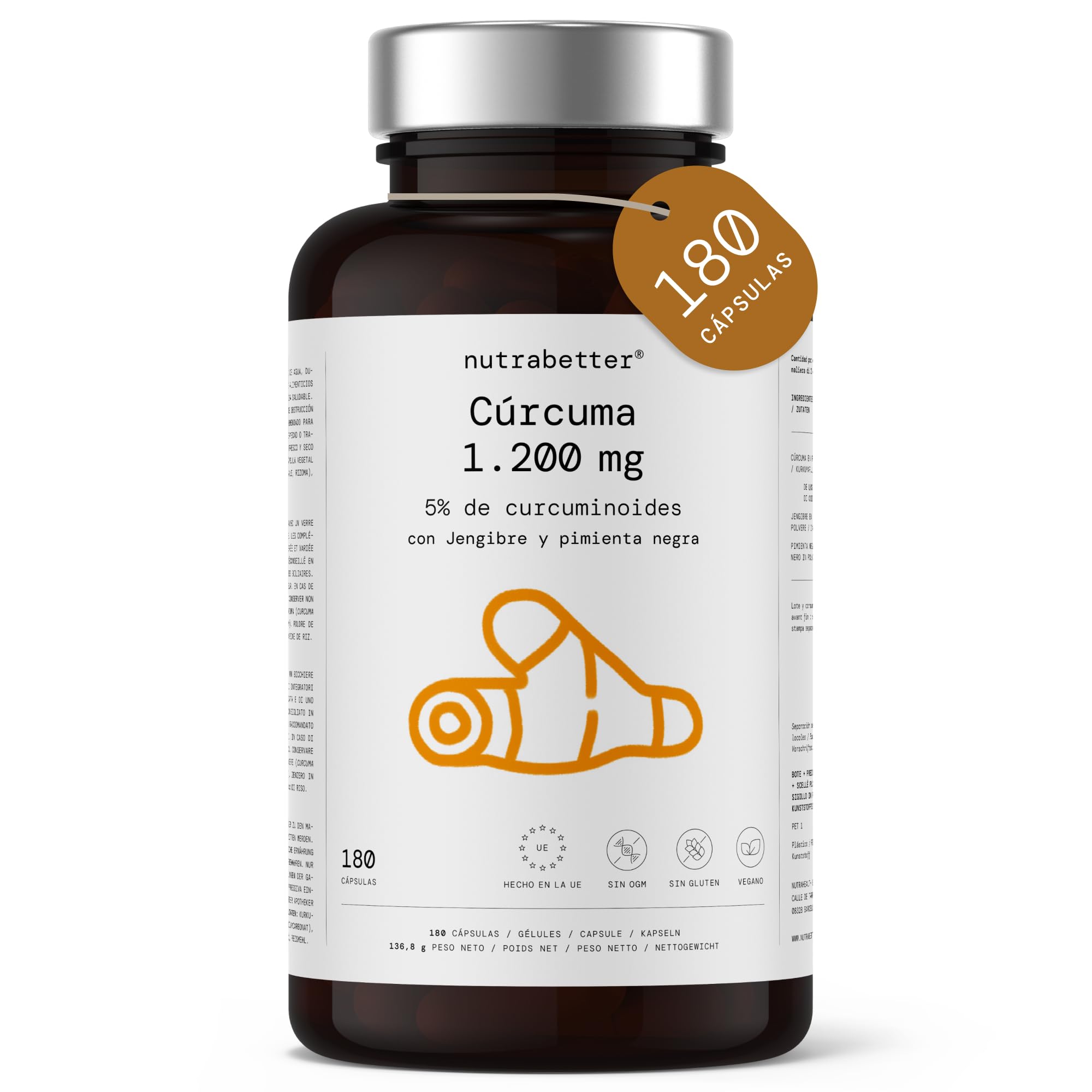 Curcuma Capsules 1200 mg au gingembre et au poivre noir | 180 Capsules végétaliennes pour un approvisionnement de 3 mois | Curcumine pour l'anti-inflammatoire naturel - Articulations et Digestion |