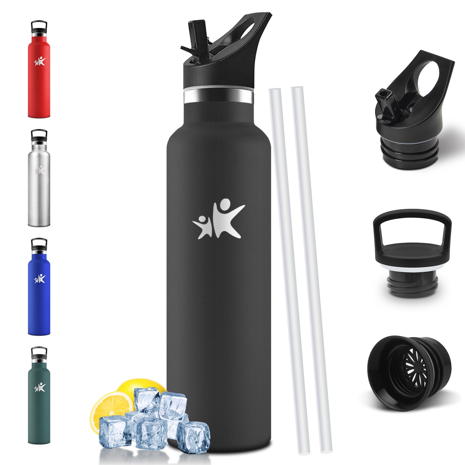 Mulbijeo Trinkflasche 750ML, BPA-Frei, Trinkflasche Edelstahl, Auslaufsichere Isolierflasche Doppelwandig, Flasche mit Strohhalm, Wiederverwendung, Thermosflasche Kohlensäure Geeignet - Schwarz