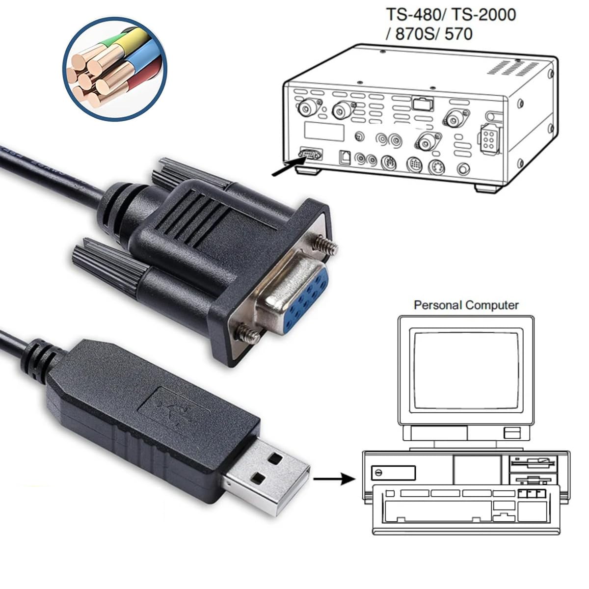 Câble Programmation Radio USB Vers DB9 Kenwood Yaesu Icom - PL2303GT 3m - TS-2000 TS-590