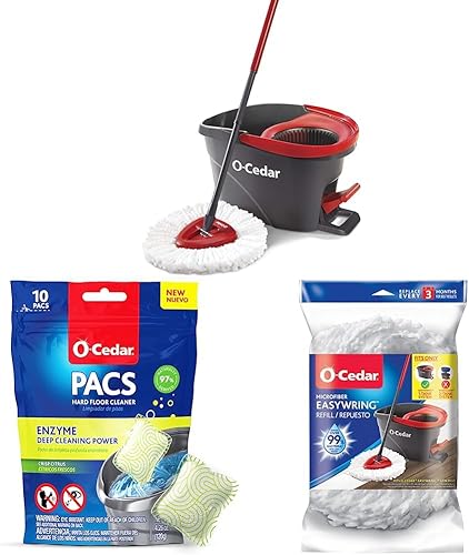 O-Cedar EasyWring - Trapeador giratorio de microfibra, sistema de limpieza de pisos de cubo, limpiador de suelos duros de color rojo, gris y O-Cedar