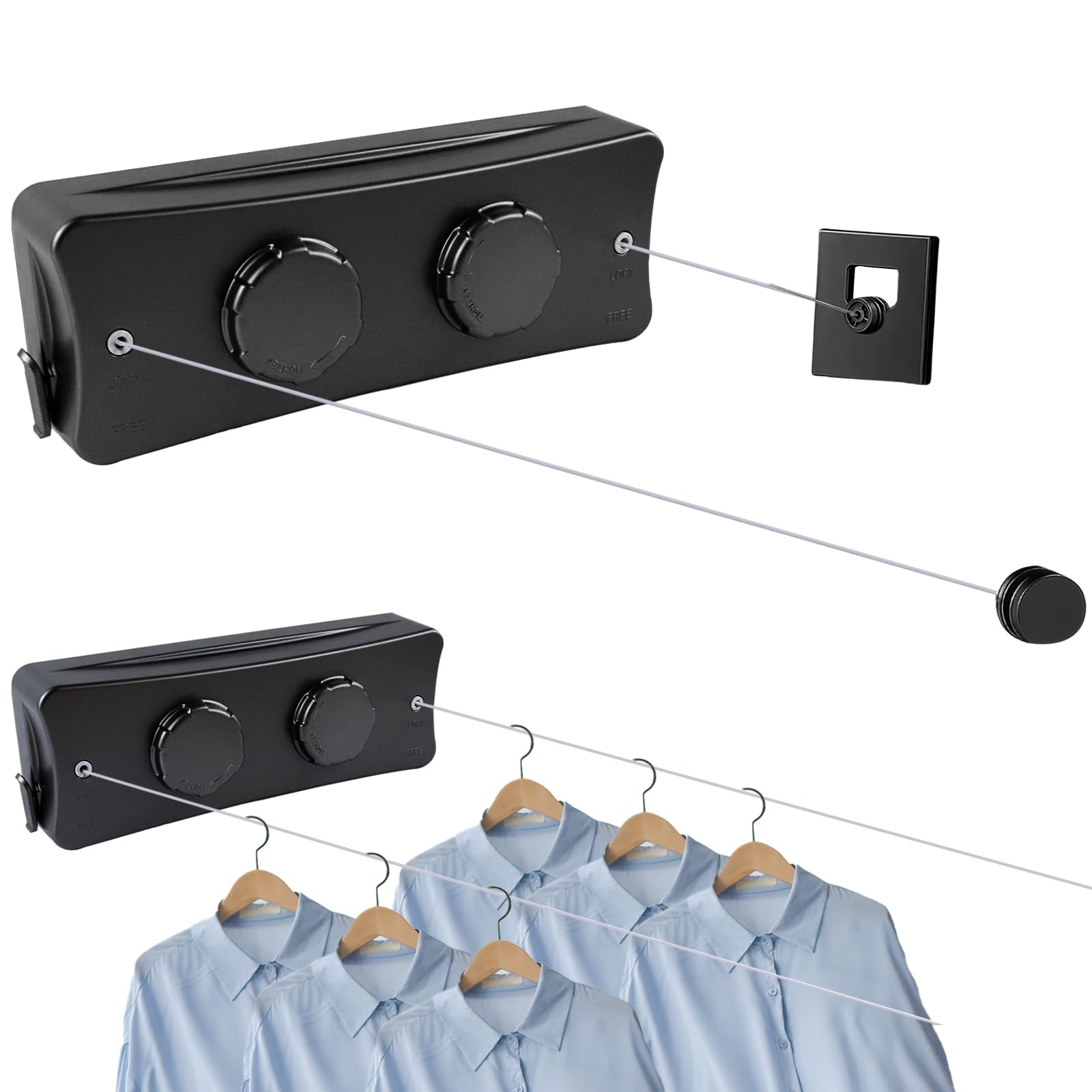 Yallmie Dual Line Black Indoor Washing Line, Retracting Clothes Line 16.7Ft Retractable Clothesline, Laundry Line Indoor Stainless Steel Wall Clothing Line, Clotheslines For Indoors Outdoor (Dual Line Black)