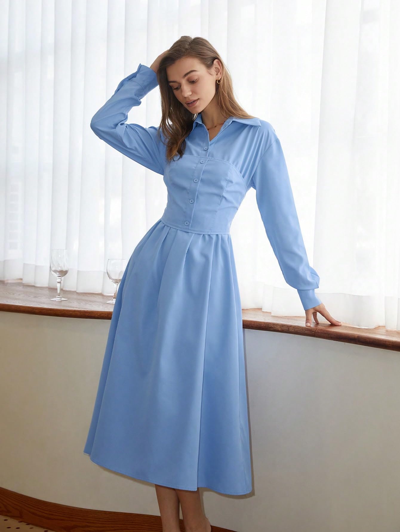 Amazon.com: Neeno Women's Dresses Women's Solid Button Front Shirt Dress with Ruched Details and Bishop Sleeves Dress for Women (Color : Blue, Size : Small) : Clothing, Shoes & Jewelry Amazon.com: Neeno Women's Dresses Women's Solid Button Front Shirt Dress with Ruched Details and Bishop Sleeves Dress for Women (Color : Blue, Size : Small) : Clothing, Shoes & Jewelry