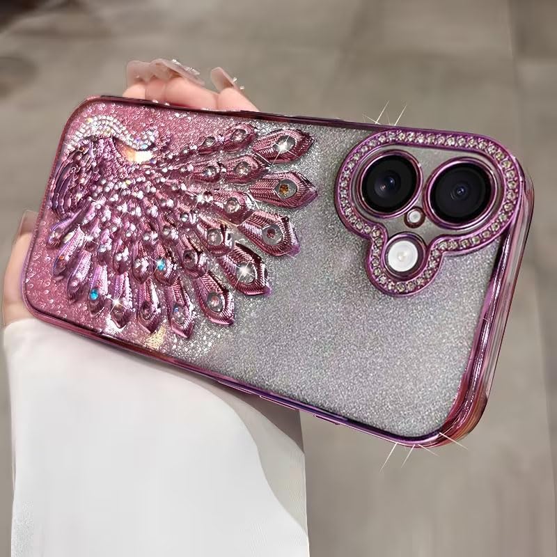 Image of mobistyle Designed for iPhone 16,3D Diamond Luxury Electroplate Glitter Peacock Tail Bling Design Camera Protection Shockproof Phone Back Cover Case for (Pink, iPhone 16)