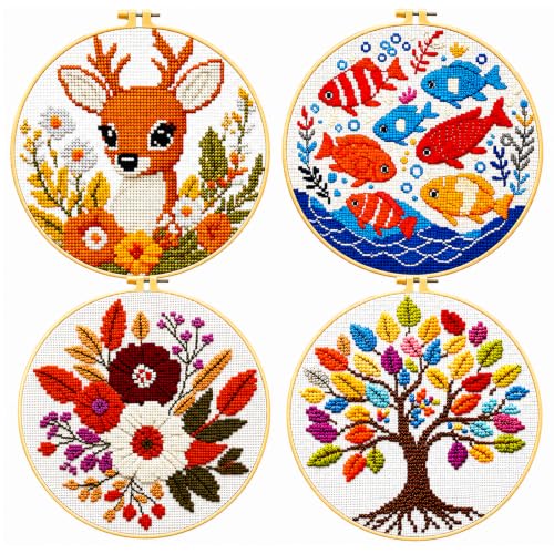 Image of Zhenqing 4 Pack Nature Stamped Cross Stitch Kit for Adults and Beginners, 11CT Printed Fabric Deer Tree Fish Flower Patterns with Hoop, Threads, Needles, Scissors, Threader, Guide
