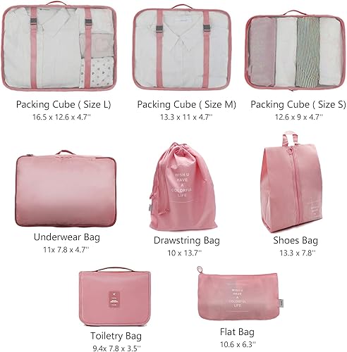 Miniatura 2 de Ismosm Juego de 8 cubos de embalaje para maleta, organizadores de maletas, cubos de embalaje para maleta de viaje, organización de armario (rosa)