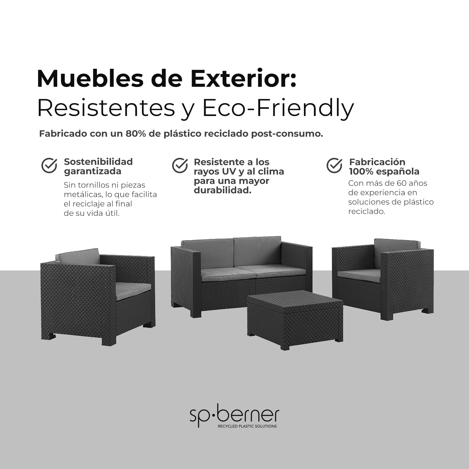 SP Berner Shaf - Diva Confort | Set Muebles de Salon Exterior - Conjunto Muebles Jardin Exterior 4 Plazas | Fabricado en España con Materiales Reciclados - Color Grafito