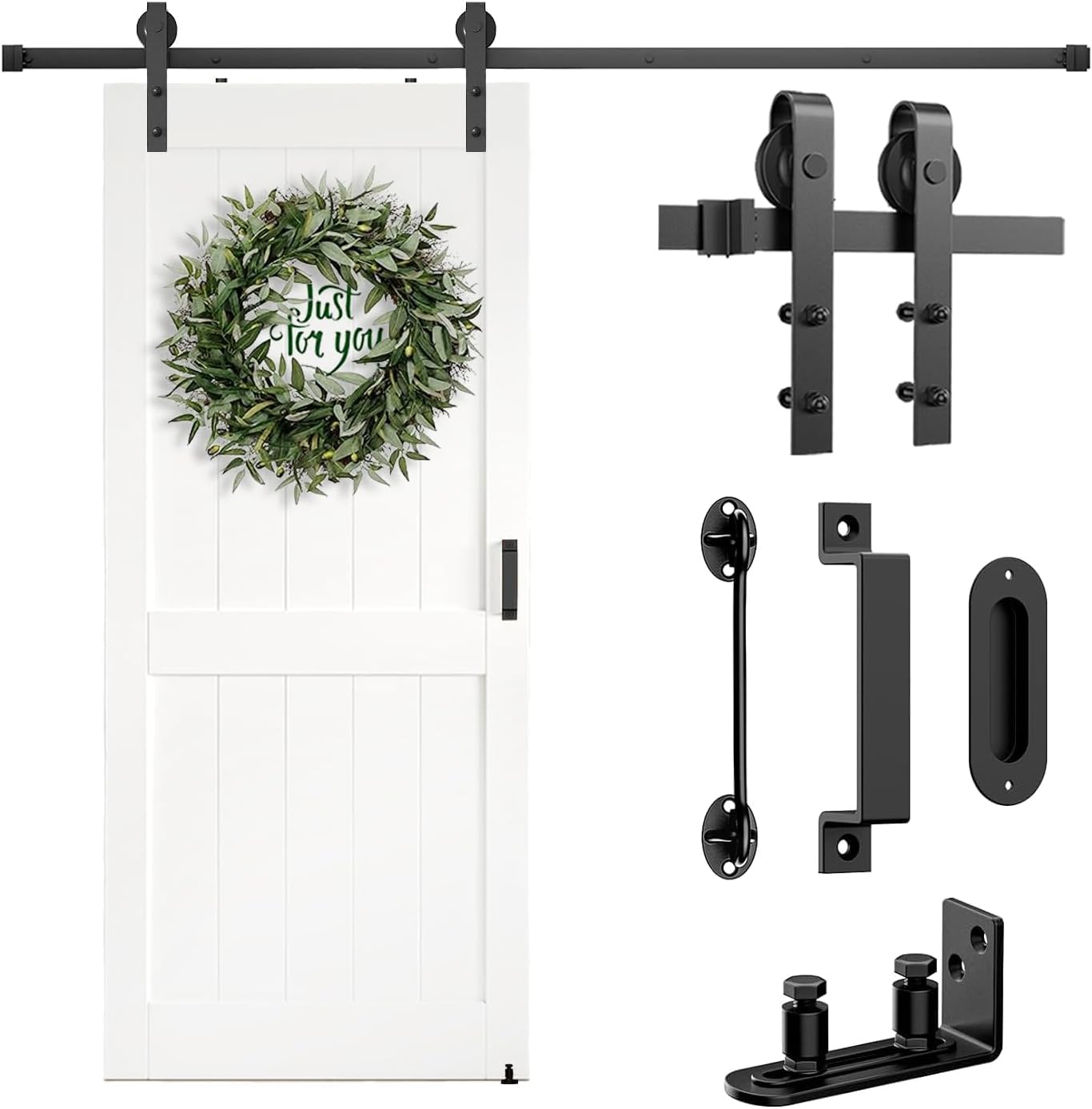 Arti-Life Barn Door Hardware Kit Heavy Duty Sliding Door Track Kit with Floor Guide and 2 Handles, Smoothly Hardware Kits for Interior and Exterior (J Shape Hanger)