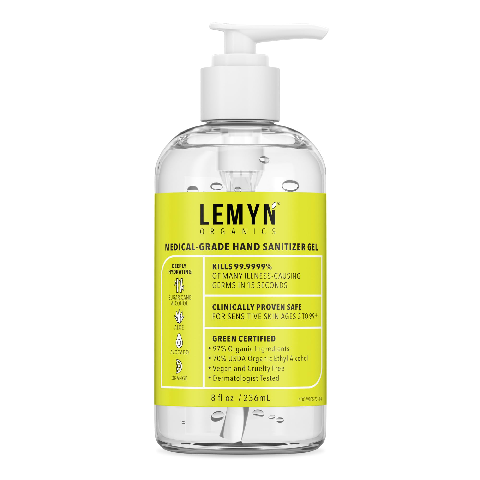 Medical‑Grade Hand Sanitizer Gel – 97 % Organic | 70 % USP Ethyl Alcohol | Moisturizing Aloe + Hyaluronic Acid | Freshly Made in USA | 8oz Bottle with Pump