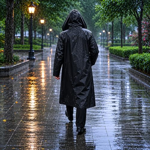 Image of Waterproof Hooded Long Rain Coat for Men, Polyester, Full Sleeves, Regular Fit, Outdoor Riding, Camping & Hiking