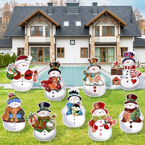 TREWAVE 9 Pcs Christmas Yard Signs with Stakes - Snowman Yard Stakes - Winter Outdoor Christmas Yard Decorations - Holiday Garden Signs for Lawn Pathway Outside Decor