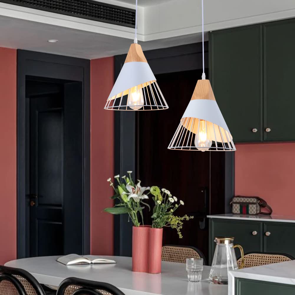 2x E27 Vintage-Pendelleuchte, MDUYU Industrielle Metall-Deckenleuchte mit Holzdesign, weiße Farbe, Retro-Pendelleuchten,Moderne Pendelleuchten für Esszimmer,Café,Restaurant,Küche,Innenleuchten