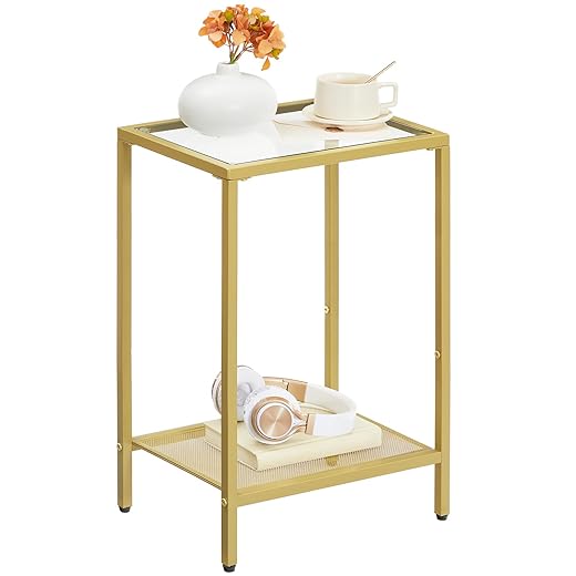 MAHANCRIS End Table, 2-Tier Side Table with Tempered Glass, Bedside Table with Storage Shelves, Nightstand for Small Space, Sofa Snack Side Table, TV Tray Table for Bedroom, Living Room, Gold ETJ24B01