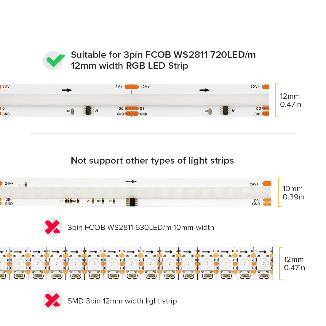 SEZO Juego de Conectores LED FCOB RGB IC de 3 pines 12mm 24 Unidades Transparente sin Soldadura Placa a Bordo Conector de Cable + 8 Cables de Extensión de 15cm de Largo 22 AWG