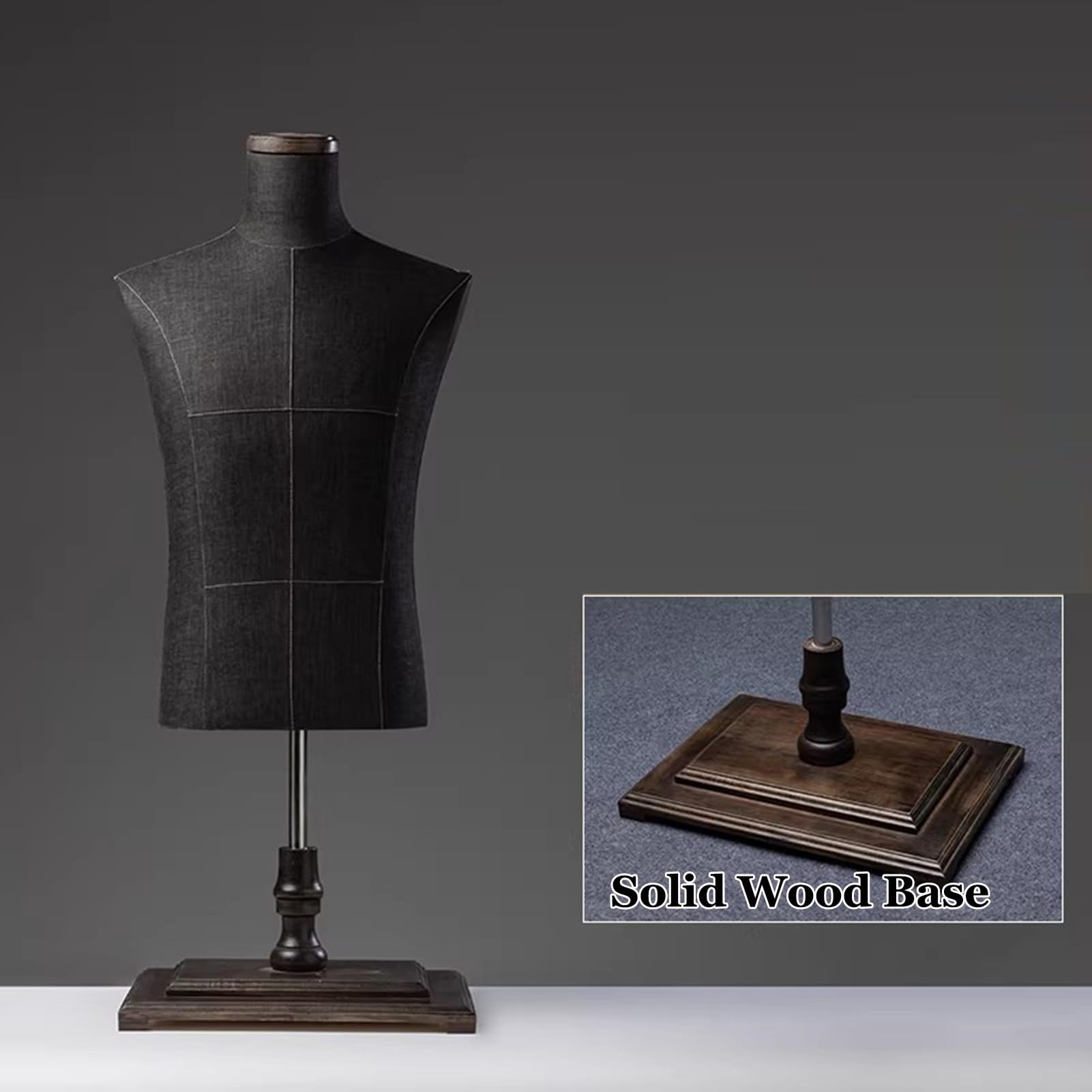 Manekin krawiecki męski, podstawa z litego drewna, elastyczne ramiona mechaniczn drewna, elastyczne ramiona mechaniczne, łatwy montaż, do prezentacji odzieży i prototypowania (czarny, tułów)