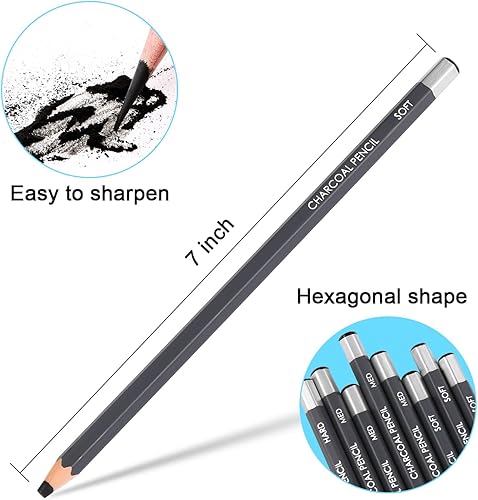 Miniatura 4 de Sunshilor Juego de 12 lápices de carbón profesionales, 12 lápices de carbón duro suave y medio para dibujar, dibujar, sombrear, lápices de artista