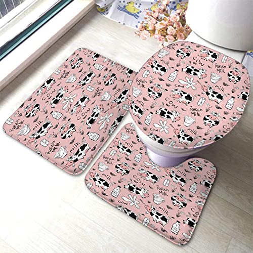 Badezimmerteppich-Set, 3-teilig, Cartoon-Kuhmilch-Rosa, lustige Tiere, waschbare Badteppiche, rutschfest, mit Rückenpolster, Konturteppich und Toilettendeckelbezug