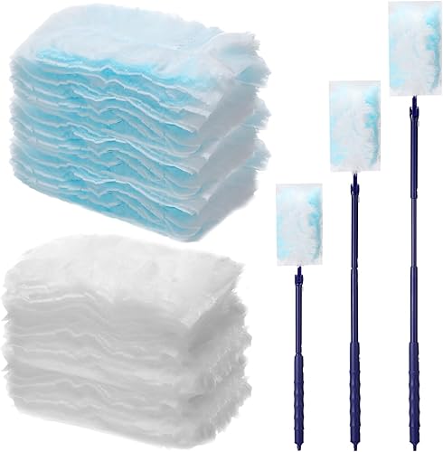 Maxcheck 180 piezas de recambios de plumeros desechables gruesos y resistentes, cabezal de repuesto blanco y azul con 3 asas telescópicas para el