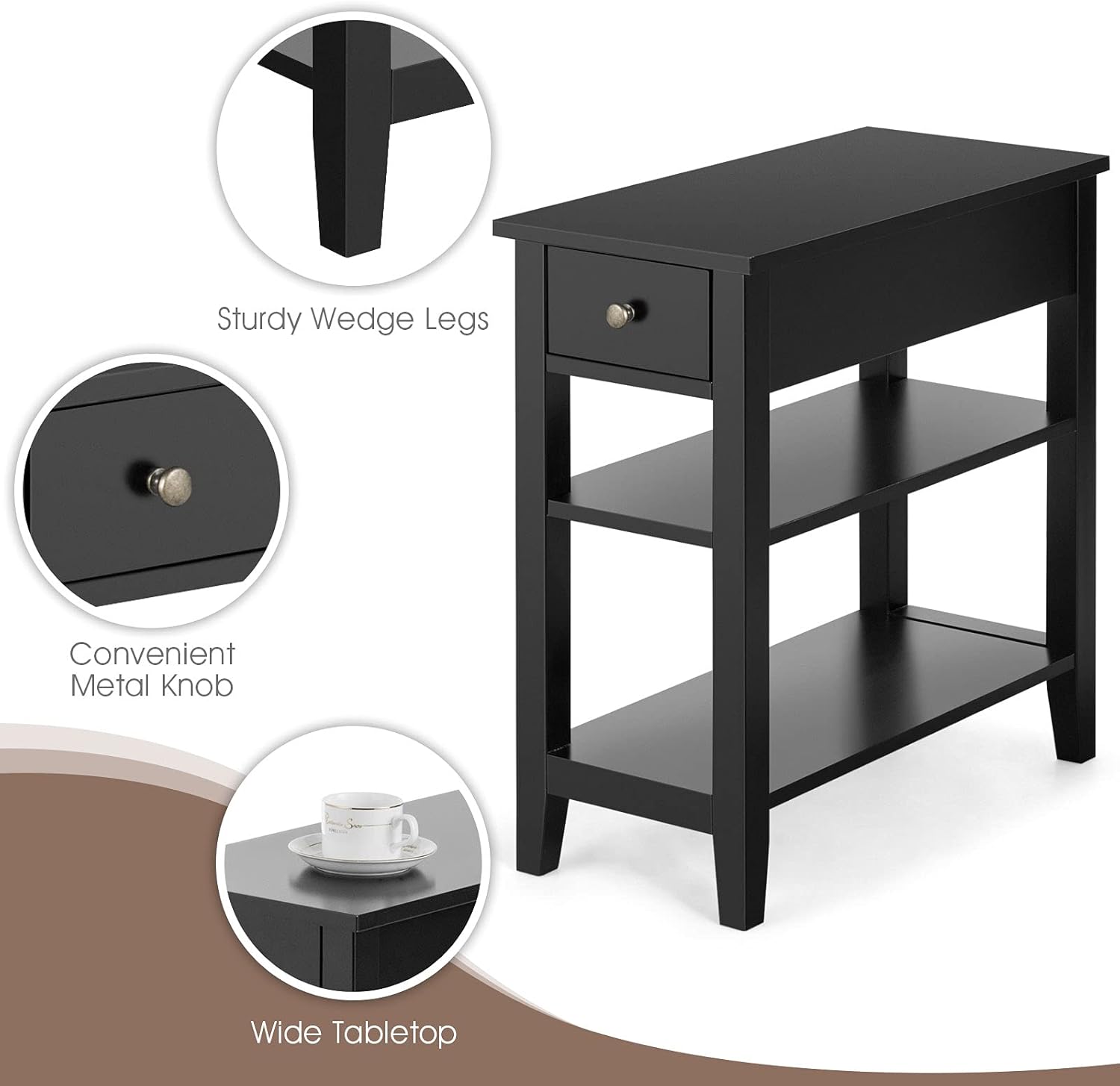 Giantex 3-Tier End Table w/Drawer Side Table with One Drawer and Double Shelves Narrow Tiered Nightstand for Bedroom, Living Room End Telephone Desk with Storage Shelves (Black)